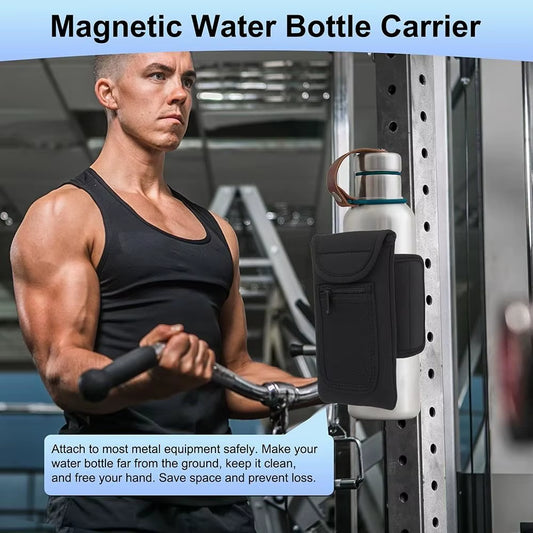 Magnetic Gym Water Bottle + Phone Holder.  Built-In Magnet for Easy Attachment to Metal Surfaces