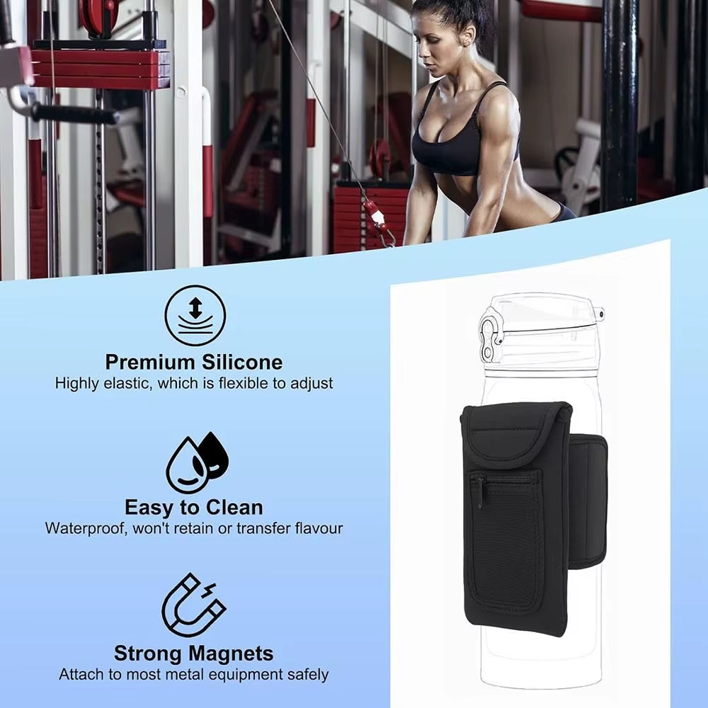 Magnetic Gym Water Bottle + Phone Holder.  Built-In Magnet for Easy Attachment to Metal Surfaces