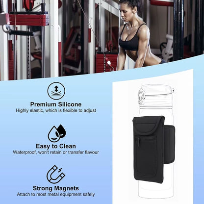 Magnetic Gym Water Bottle + Phone Holder.  Built-In Magnet for Easy Attachment to Metal Surfaces